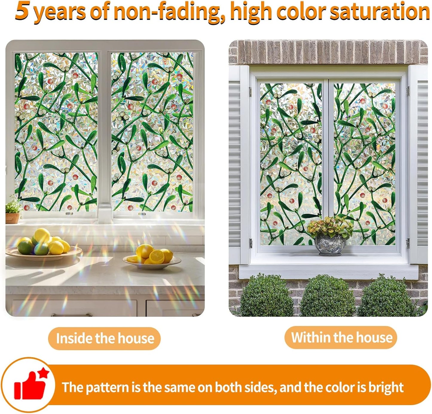 Window Privacy Film Stain Glass Window Film Rainbow Window Film Window clings Non-Adhesive Reusable Decorative for Room (Mistletoe Rainbow, 17.5 x 78.7 in)