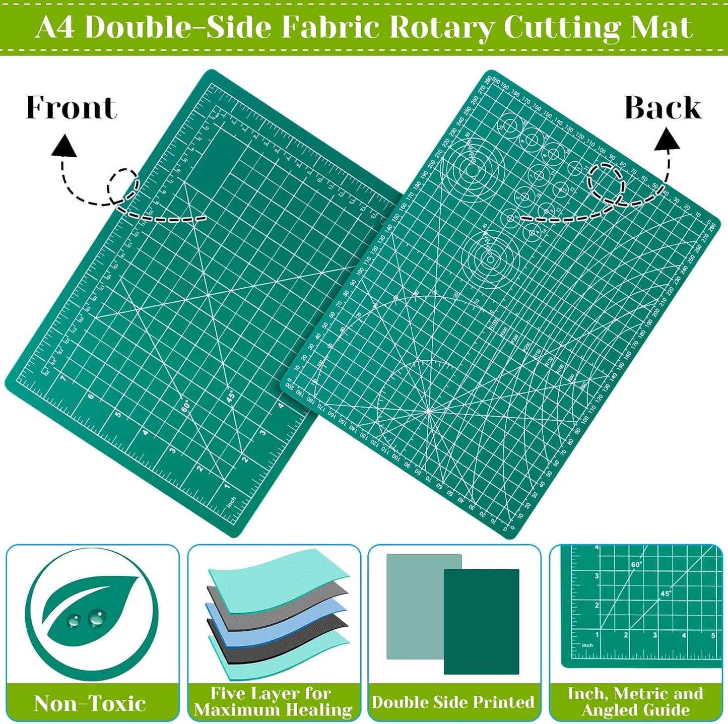 Rotary Cutter Set, Audab Self Healing Sewing Mats Rotary Cutter and Mat 45mm Rotary Fabric Cutter Set with 2 Blades Rotary Cutting Mat for Crafts Fabric Quilting Hobby (9" x 12" (A4))