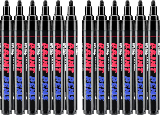 Black Paint Pens Paint Markers - 12 Pack Permanent Quick Dry Waterproof Marker Pens for Rocks Wood Fabric Plastic Canvas Glass Mugs Metal Tire Stone