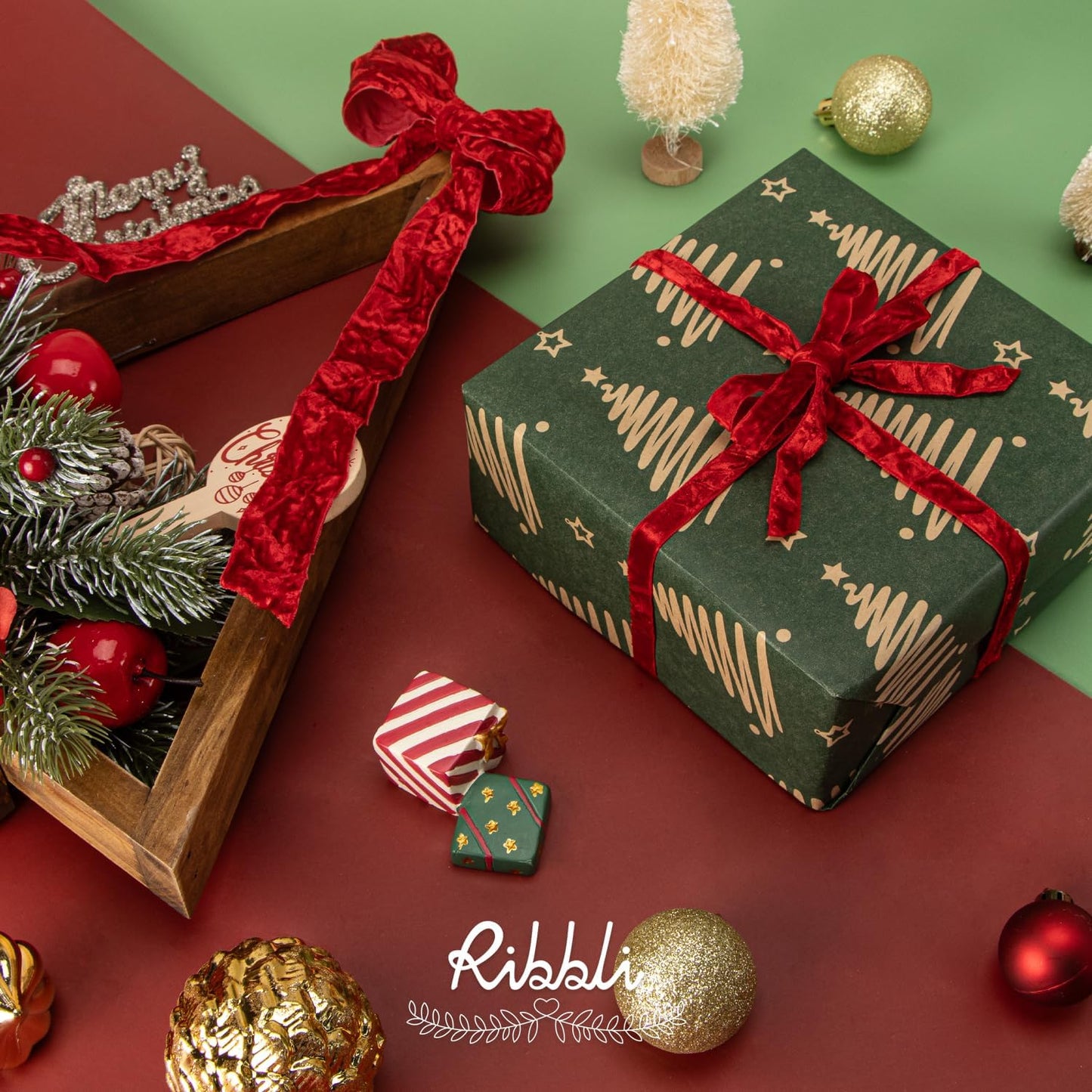 Ribbli Red Velvet Ribbon 1 Inches Luxury Crinkled Red Christmas Ribbon for Gift Wrapping Crafts Home Decor-Continuous 10 Yard