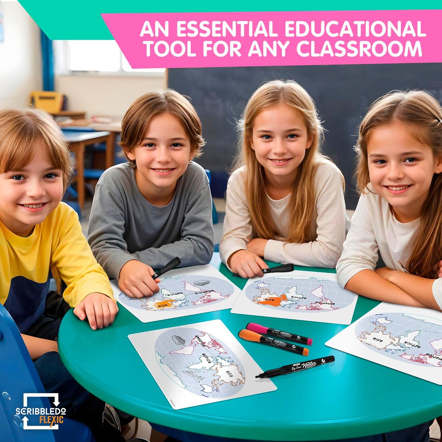 SCRIBBLEDO Continent Practice Sheets 9”x12” Map of The Seven Continents Dry Erase World Globe Sheets Homeschool Supplies Learning Map Teacher Students Classroom Pack of 10 Sheets