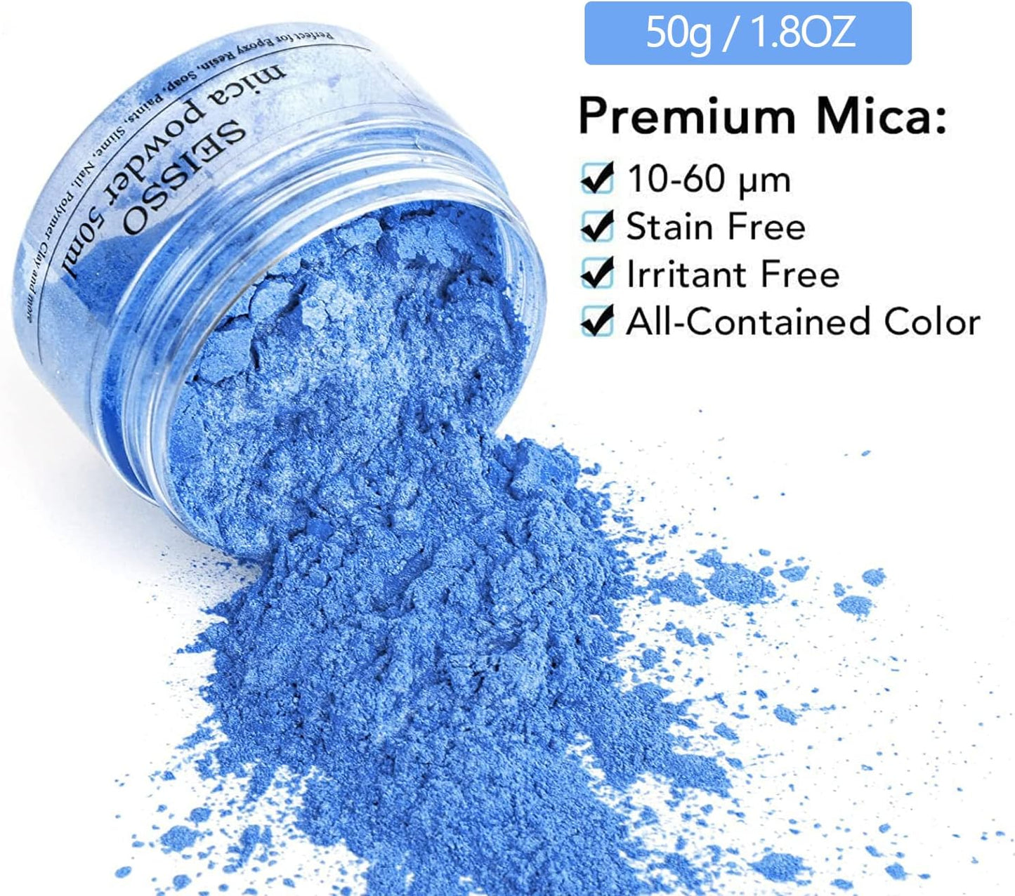 SEISSO Blue Mica Powder for Epoxy Resin 1.7 oz /50g Powdered Pigment for Soap Colorant Bath Bomb Dye, Cosmetic Grade for Lip Gloss, Acrylic Nails Polish, Craft Projects