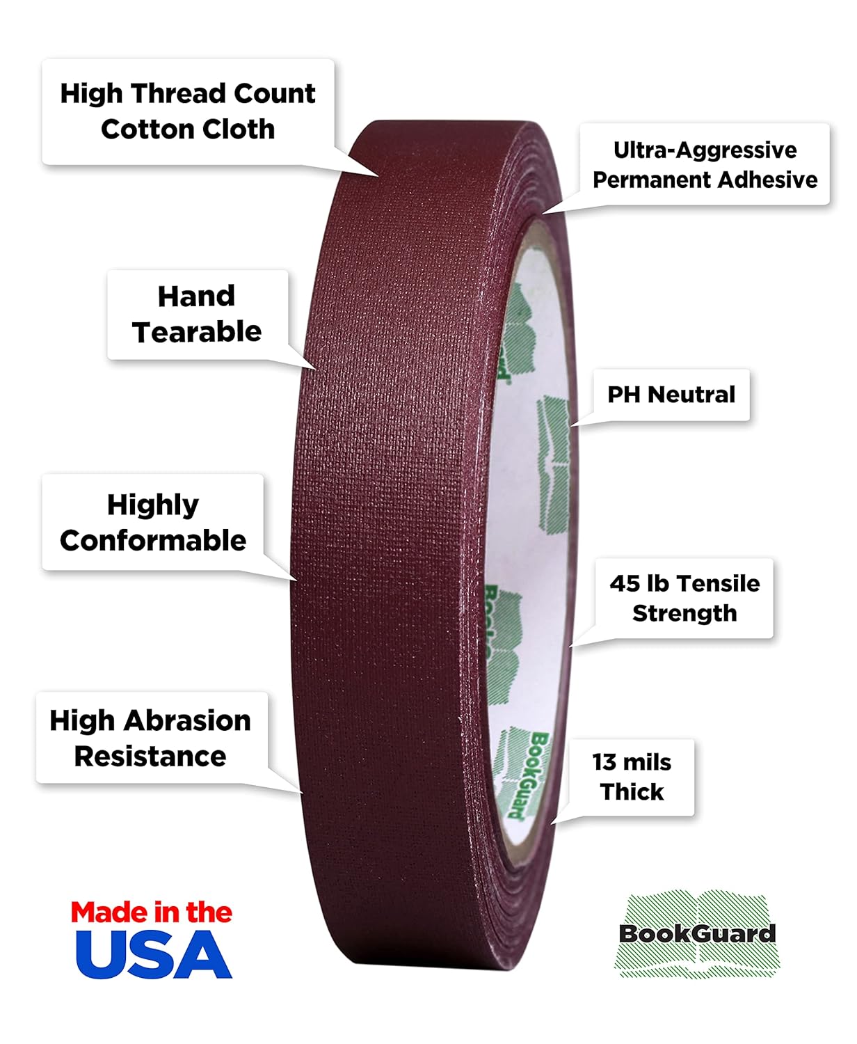 BookGuard 0.75 inch Premium Bookbinding Repair Cloth Tape, 15 Yard Roll, Burgundy