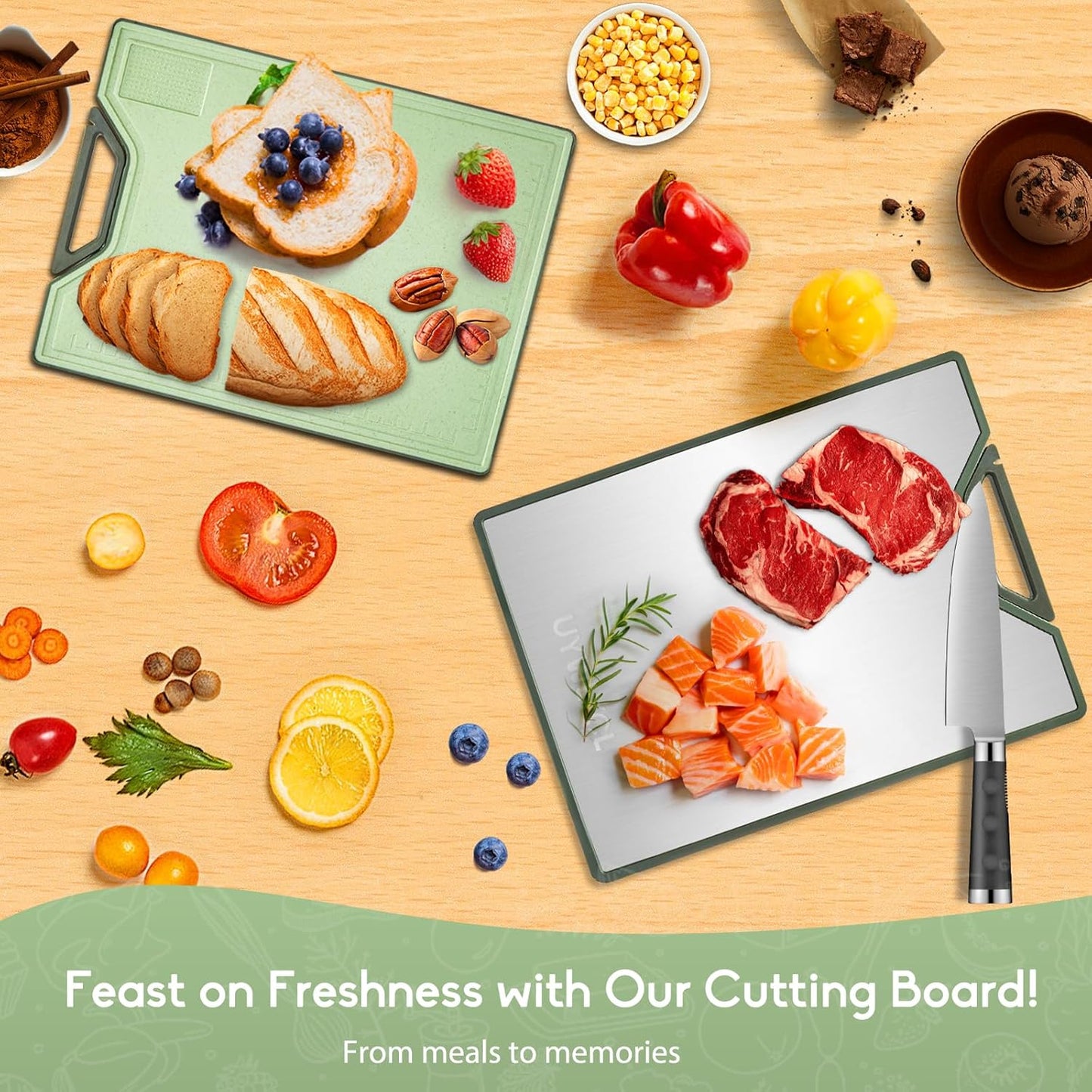 Titanium Cutting Board – Double Sided Cutting Boards for kitchen, Pure Titanium & Wheat Straw PP, Food-Grade Metal Chopping Board, Easy to Clean Large Size 16"x11"