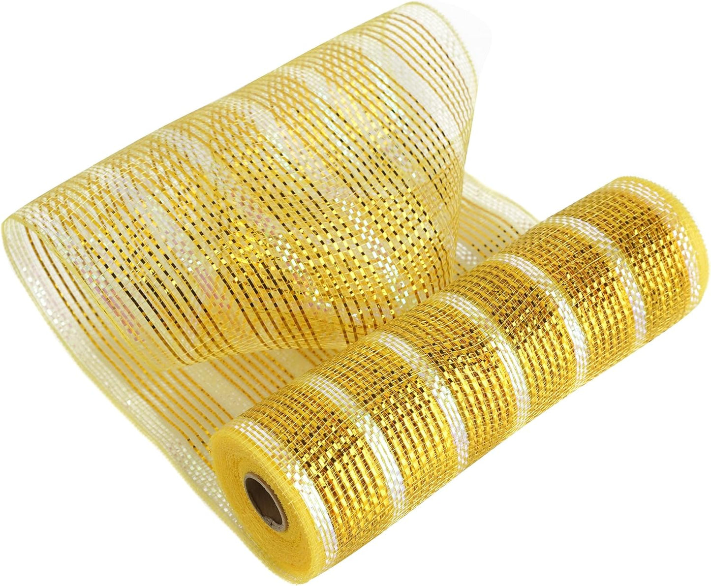 MEEDEE Gold Deco Mesh 10 Inch Deluxe Wide Foil & Iridescent Metallic Stripe Mesh Ribbon for Wreaths, Christmas Tree, Garland, Gift Wrapping, Bows Making (30 Feet)