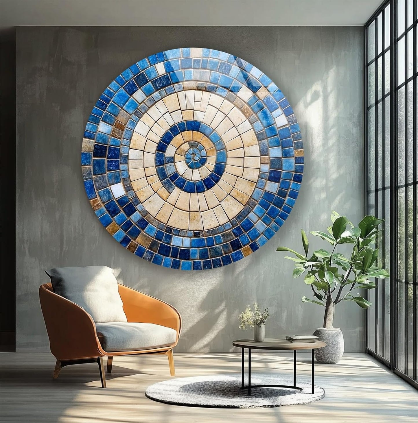 My Photostation.com 10''(25cm) Diameter Coastal Sunburst Beige & Blue Round Glass Wall Art Tempered Glass Printing Wall Decor Large Wall Art Wall Hangings