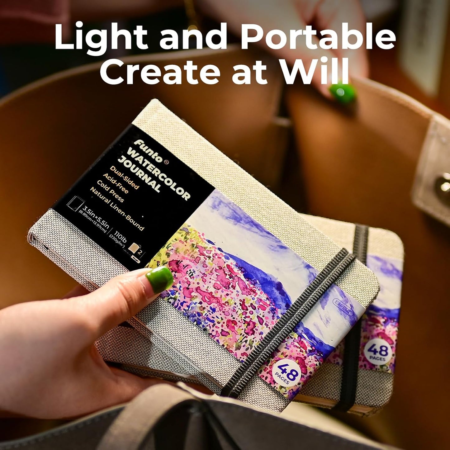 Funto Watercolor Journal, 3.5x5.5, 2 Pack, 24 Sheets Each, Cold-Pressed with Inner Pocket, 110lb/230gsm, Suitable for Techniques and Mixed Media