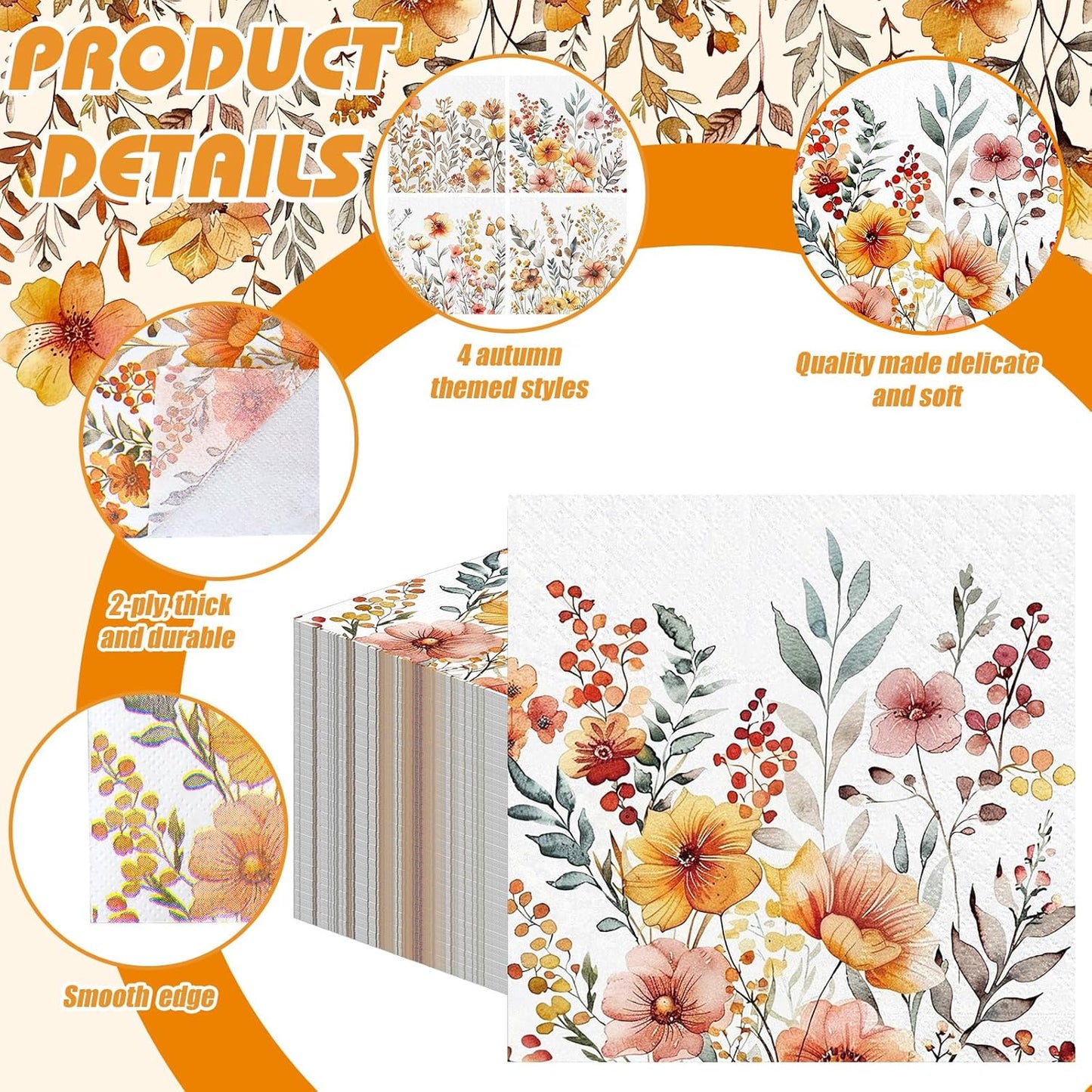 Fulmoon 200 Pieces Fall Floral Cocktail Napkins Disposable Thanksgiving Day Flower Decoupage Paper Napkins Vintage Wildflower Beverage Towel for Autumn Fall Party Favor Supplies