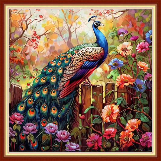 Stamped Cross Stitch Kits - Beach Night Landscape Counted Cross Stitch Kits for Beginners Adults Needlepoint Cross-Stitch Patterns-Peacock Flower 18x18 inchs