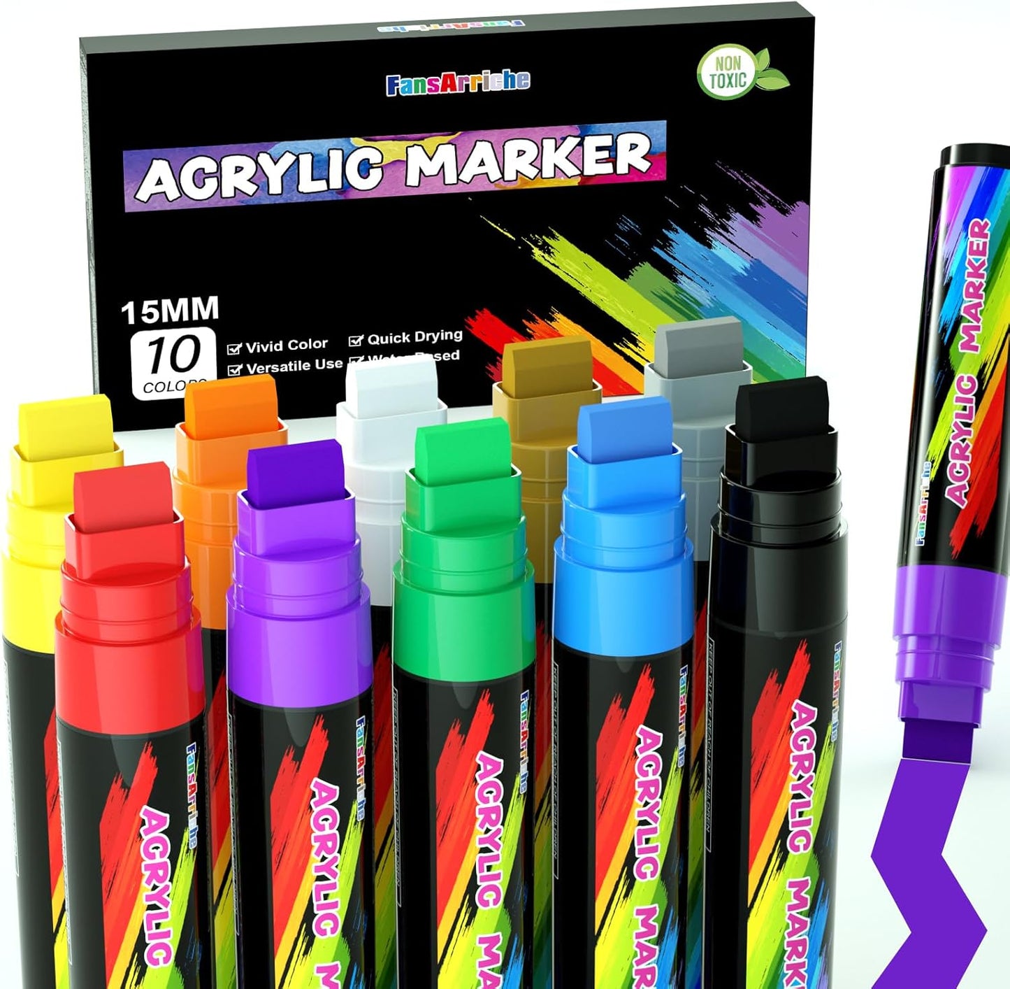 FansArriche Acrylic Paint Markers, 15mm Jumbo Felt Tip, 10 Colored Waterproof and Permanent Paint Pens for Tagging, Signs, Calligraphy, and Outdoor Paintings