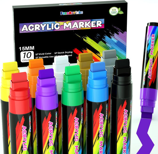 FansArriche Acrylic Paint Markers, 15mm Jumbo Felt Tip, 10 Colored Waterproof and Permanent Paint Pens for Tagging, Signs, Calligraphy, and Outdoor Paintings