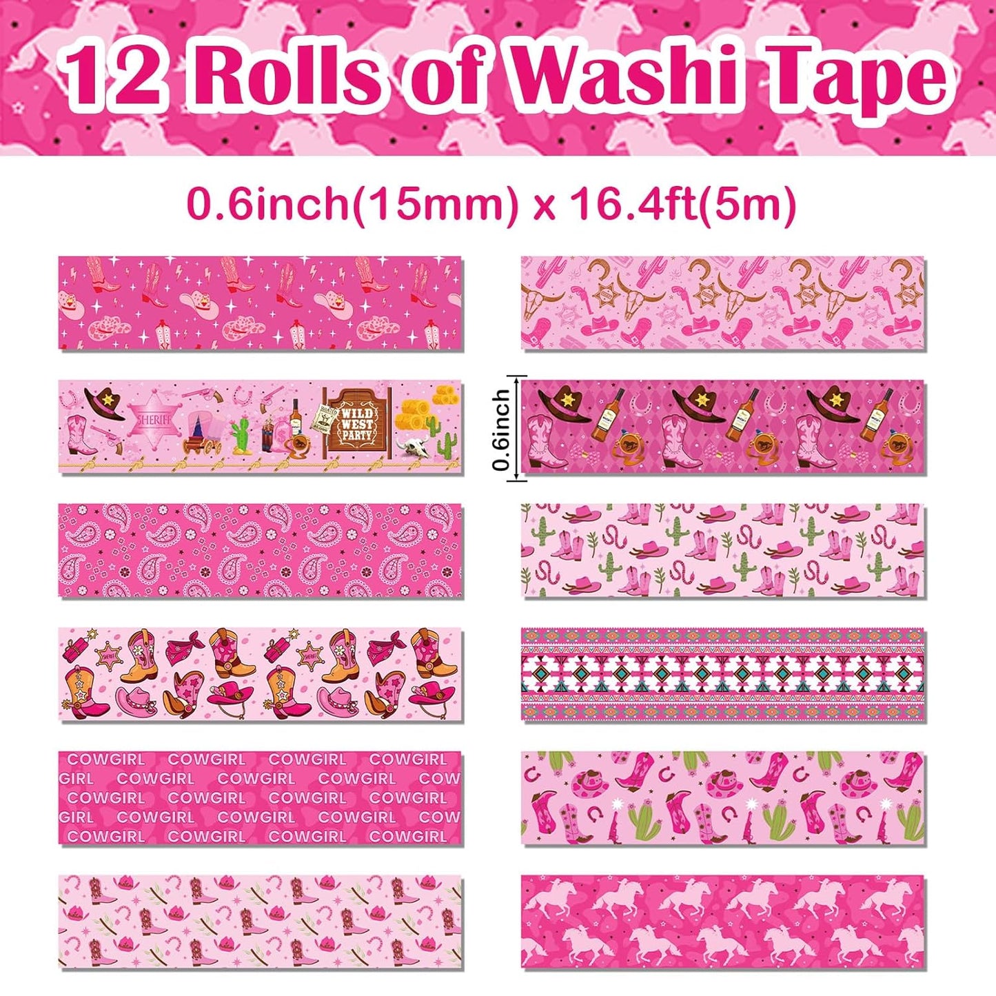 12 Rolls Western Washi Tape, Pink Wild West Masking Tapes, Western Cowboy Cowgirl Decorative Paper Stickers for Scrapbook Journal DIY Art Crafts Wrapping Birthday Party Supplies 16.4FT