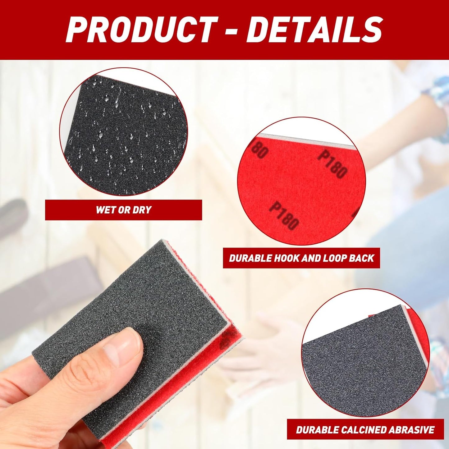 24 Pcs Sanding Sponge 180 Grit, Washable & Reusable Sanding Blocks for Wood, Metal, Drywall, Glazing, Wet Dry Sandpaper for Smooth Finishing