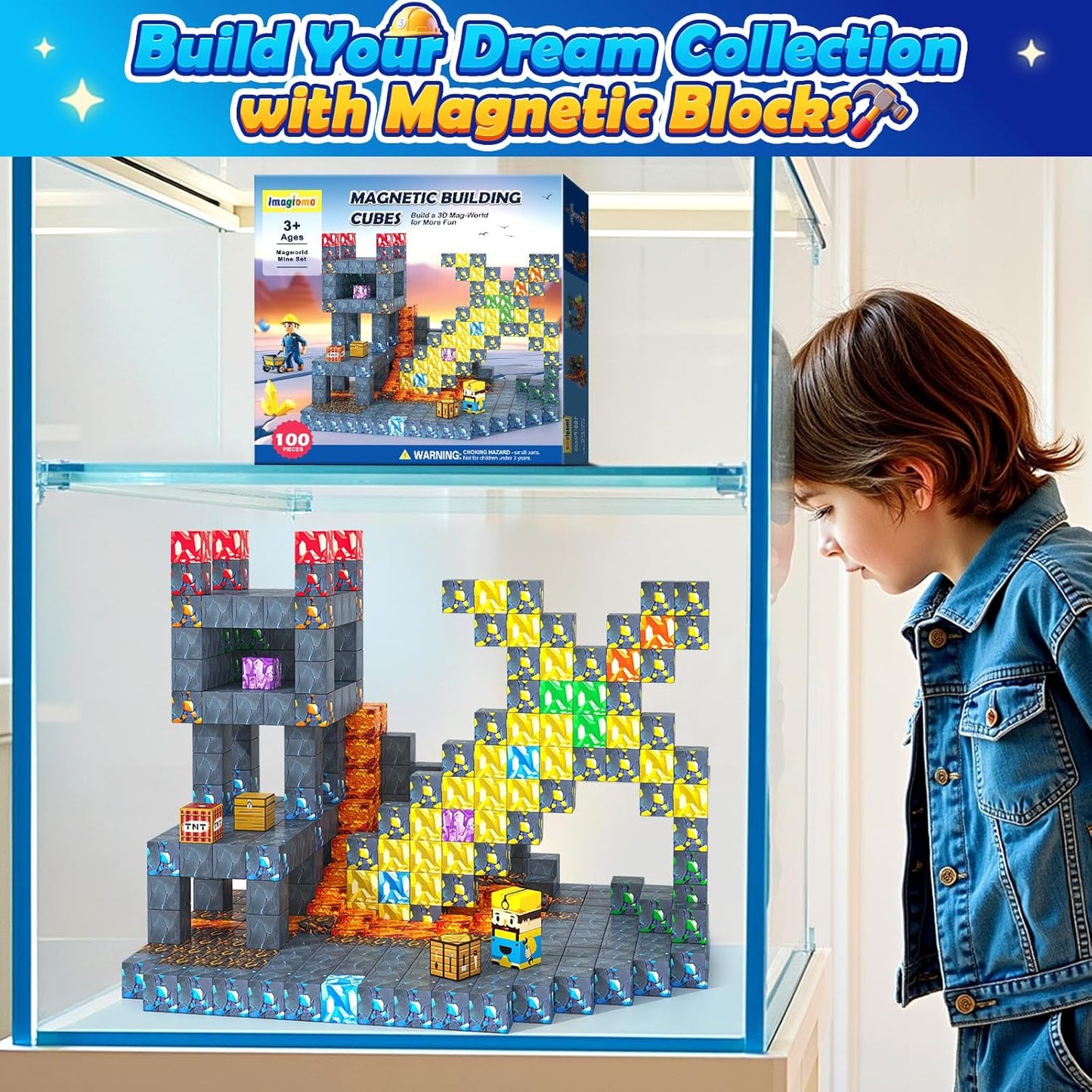 100PCS Magnetic Blocks - Build Mine Magnet World Mine Sword Adventure Set, Building Toys Classroom Must Haves Learning Sensory Toys for 3 4 5 6 7 8 Toddlers Kids Games Birthday Gifts for Boys & Girls