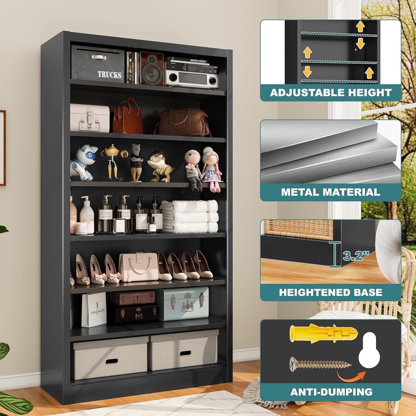 55" Storage Cabinet with 6 Adjustable Shelves (8 Tiers Total), Metal Shelving Unit for Garage, Pantry, Office – Easy Assembly, Durable Freestanding Organizer (Black, 7 Tier-55"H x 27.6"W x 11.8"D)