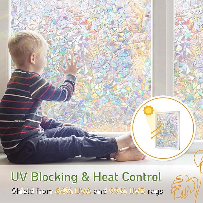 LUTE Window Privacy Film, Rainbow Window Film, 3D Decorative Stained Glass Cling, Non-Adhesive Vinyl Static Cling Removable Glass Stickers, Sun UV Blocking Decal Covering for Home, 35.4 x 78.7 inches