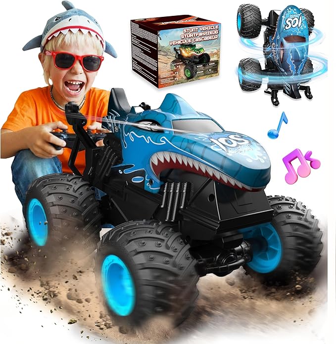 BEZGAR Monster Truck Toys - Remote Control Monster Truck with Light & Music, Dinosaur Toys for Kids, 1:20 Scale RC Truck with 360° Spins and Drifting, Remote Control Car for Boys (Blue)