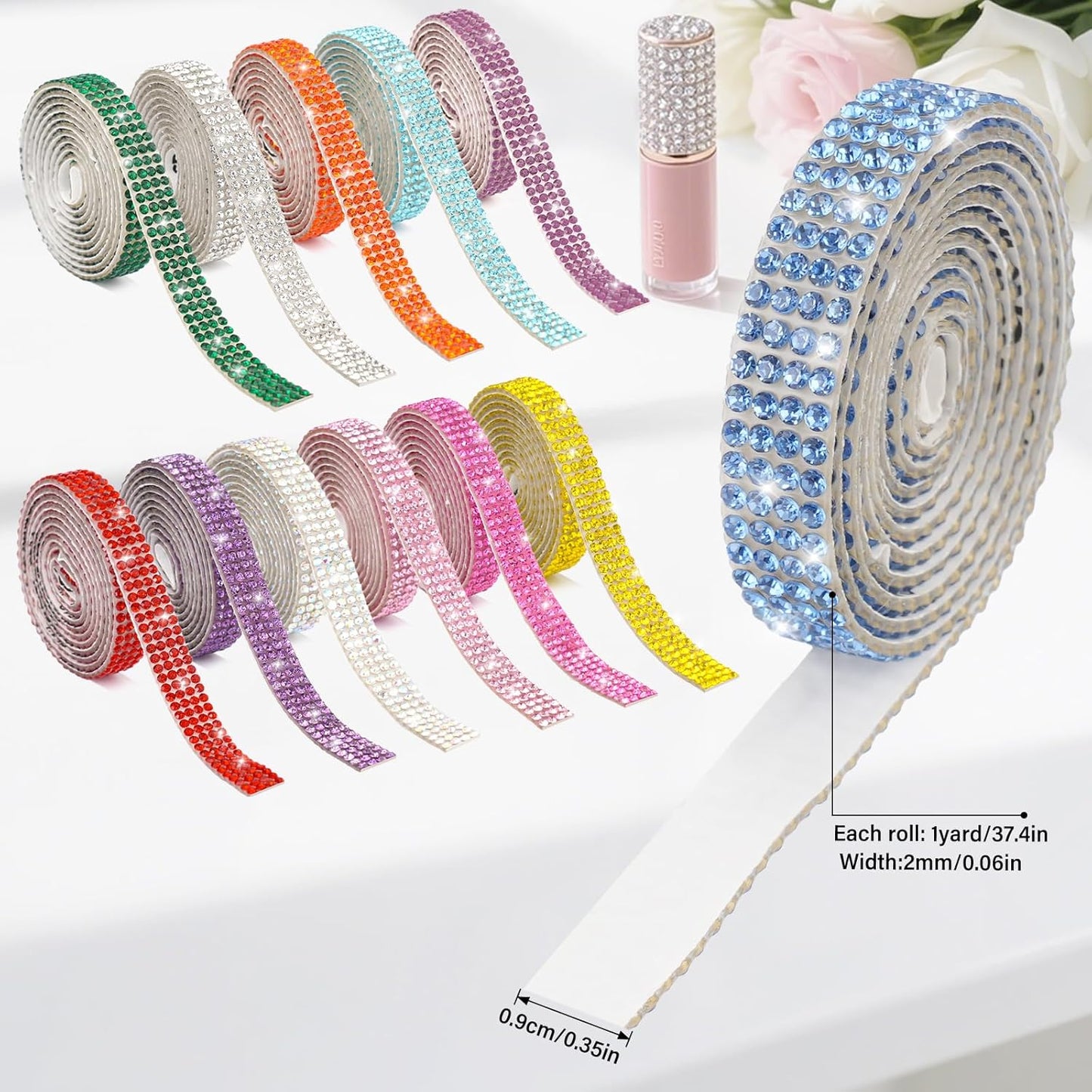 12 Rolls Rhinestone Ribbon Self Adhesive,Mixed Color Bedazzling Kit,0.35" X12 Yard Total Rhinestone Tape for Gift Wrapping Wedding Decor DIY Crafts(12 Colors)