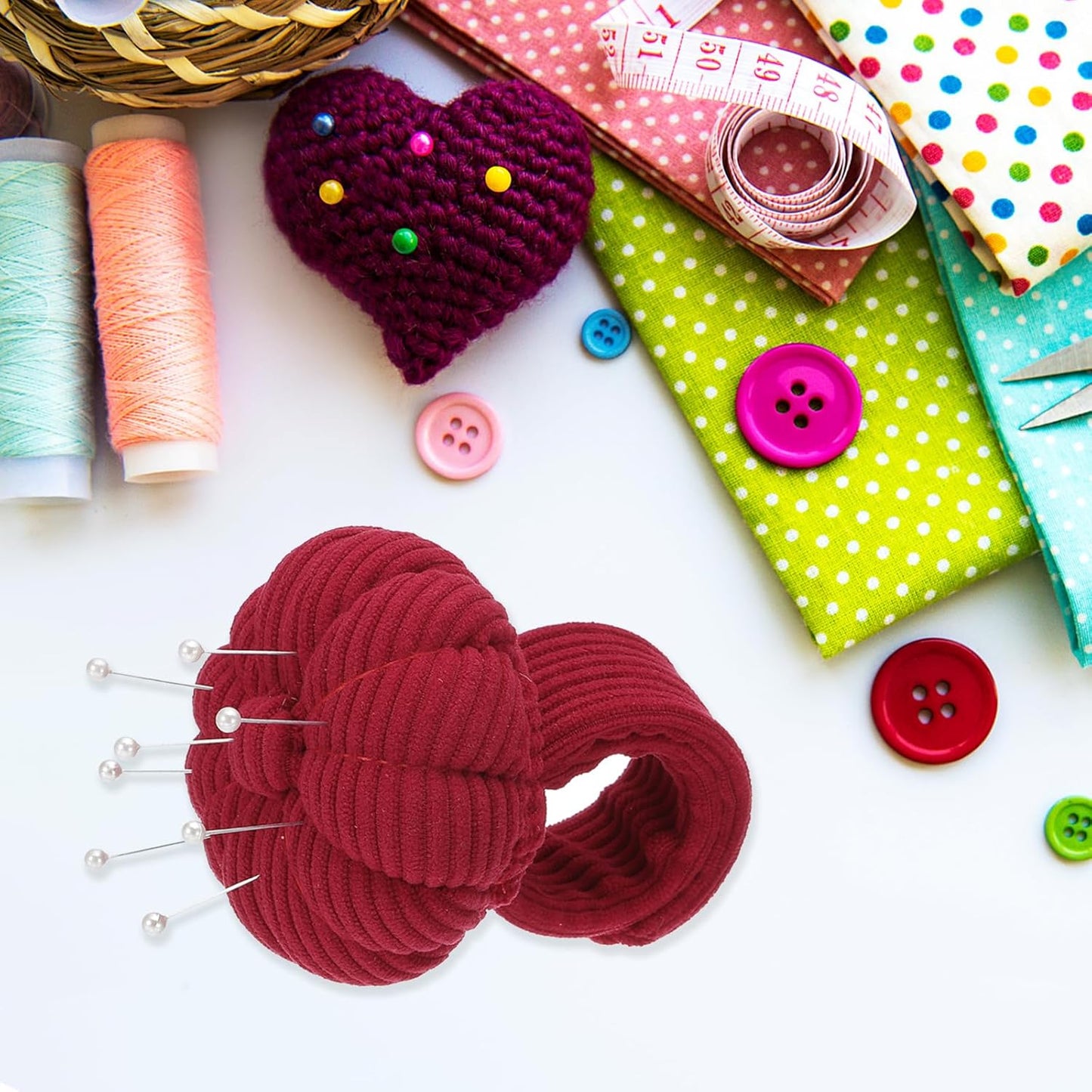 PATIKIL Wrist Pumpkin Pin Cushion, Snap Pin Cushion with Elastic Strap Ring Portable Embroidery Needle Pin Storage for Hand Craft Knitting, Red