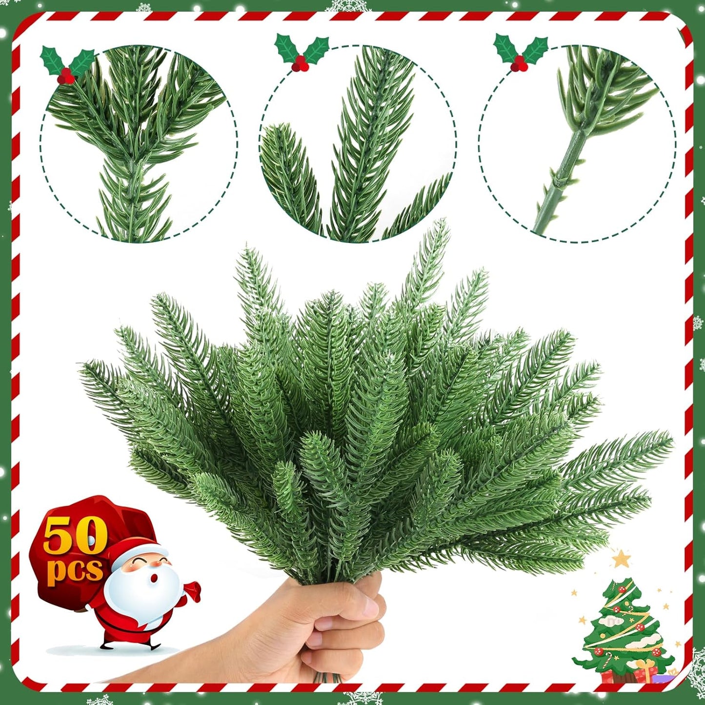 Hananona 50 Pcs Artificial Pine Branches Christmas Greenery Plants Pine Needles DIY Cedar Picks and Sprays Accessories for Christmas Garland Wreath Craft and Home Decor (50, Green)