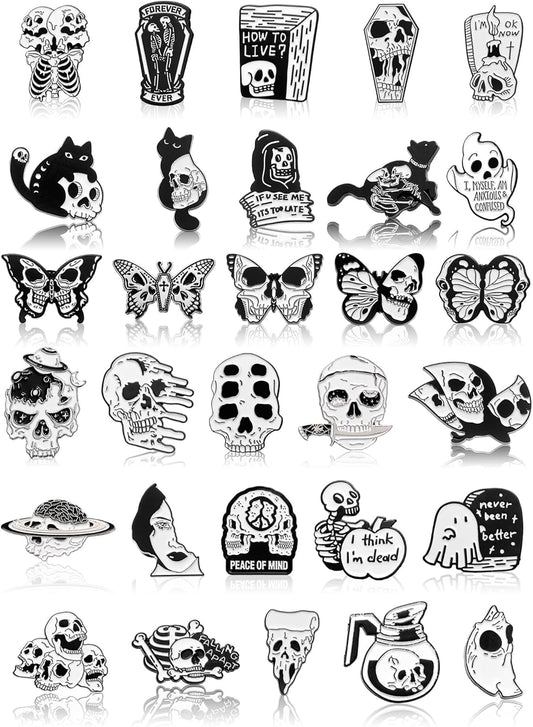 Ferraycle 30 Pieces Halloween Enamel Pins Set Horror Enamel Pins for Backpacks Cool Skeleton Ghost Butterfly Cat Lapel Pin Steampunk Brooches Pin for Hats Clothes Women Men
