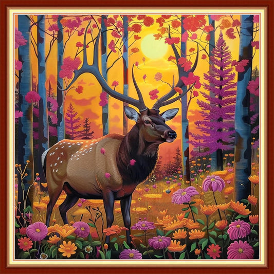 Joyhoor Cross Stitch Kits for Beginners Stamped Cross-Stitch Supplies Needlework preprint Embroidery Kits for Adults DIY Needlepoint Kits Embroidery Patterns 11CT-Deer Landscape 18x18 inchs