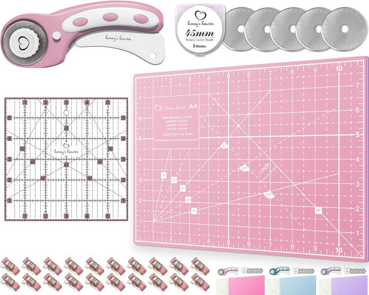 Rotary Cutter Set - Quilting Kit incl. 45mm Fabric Cutter, 5 Replacement Blades, A4 Cutting Mat, Acrylic Ruler and Craft Clips - Ideal for Crafting, Sewing, Patchworking, Crochet & Knitting (Pink, A4)