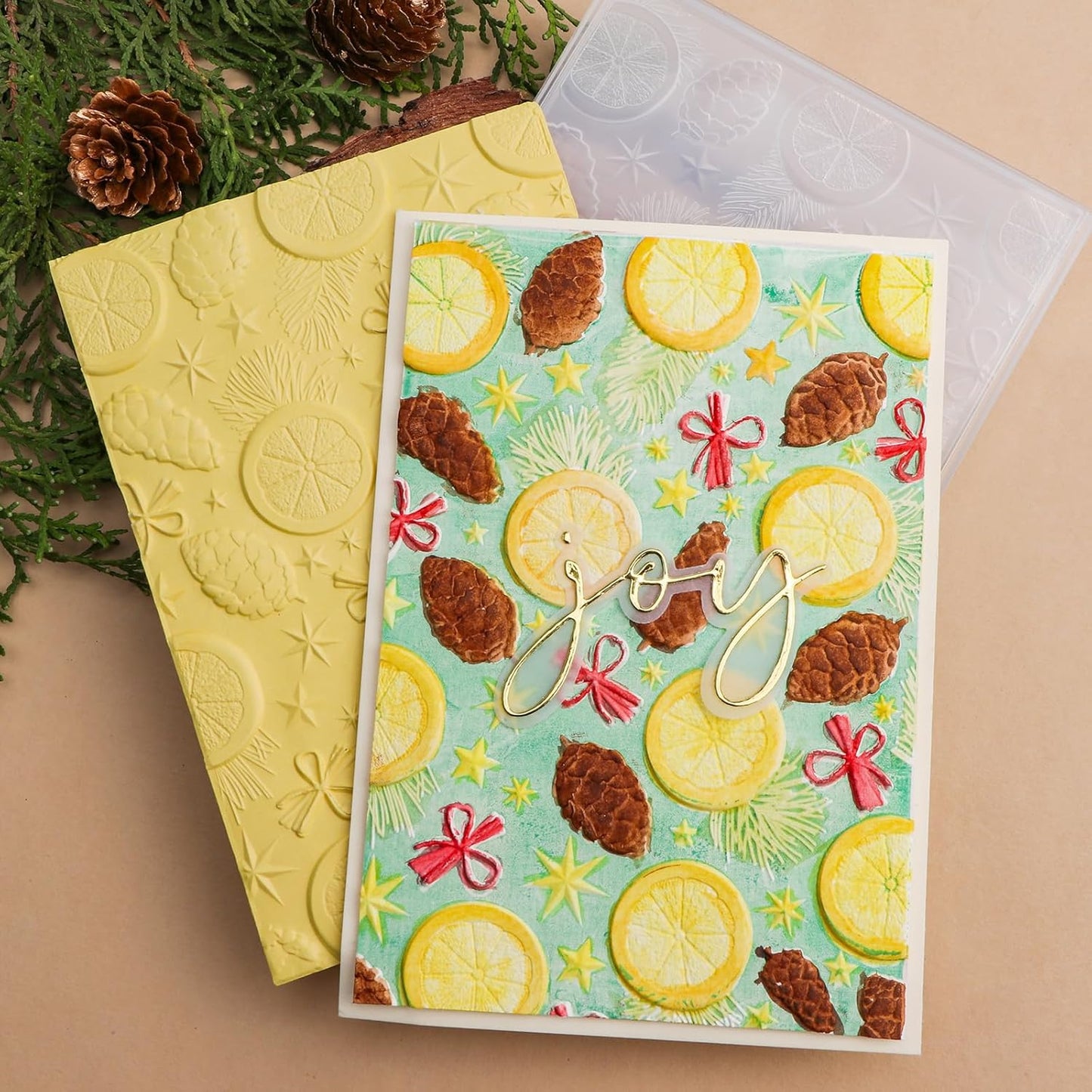 BAOFALI 3D Christmas Theme Plastic Embossing Folders Lemon Pine Nut for DIY Scrapbooking Photo Album Card Paper Craft Decoration for Card Making,Embossing Template Paper Card Embossing Stencil