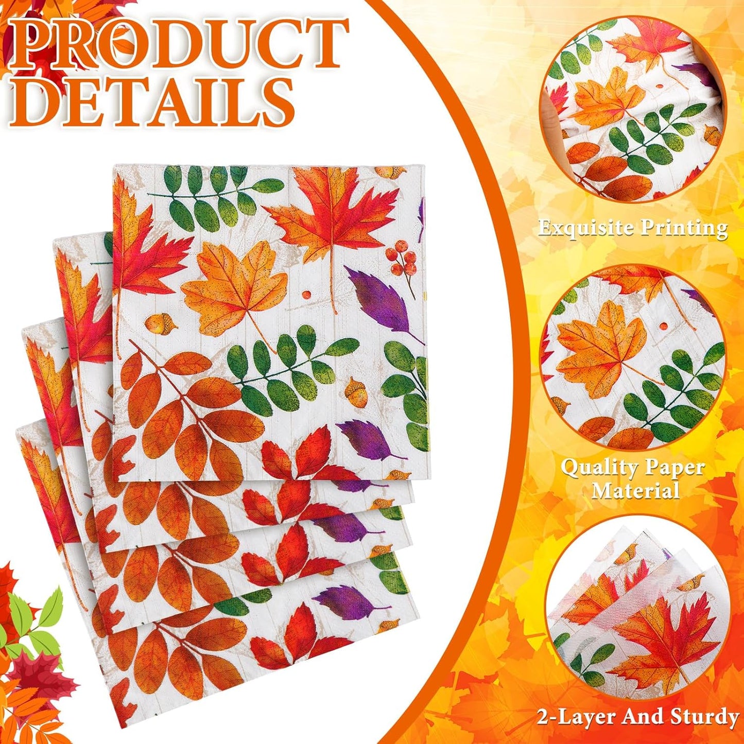 60 Pcs Fall Leaves Cocktail Paper Napkins 6.5 x 6.5 Inches Disposable Paper Napkins Dessert Beverage Napkin for Decoupage Luncheon Napkin for Party Wedding Birthday Party
