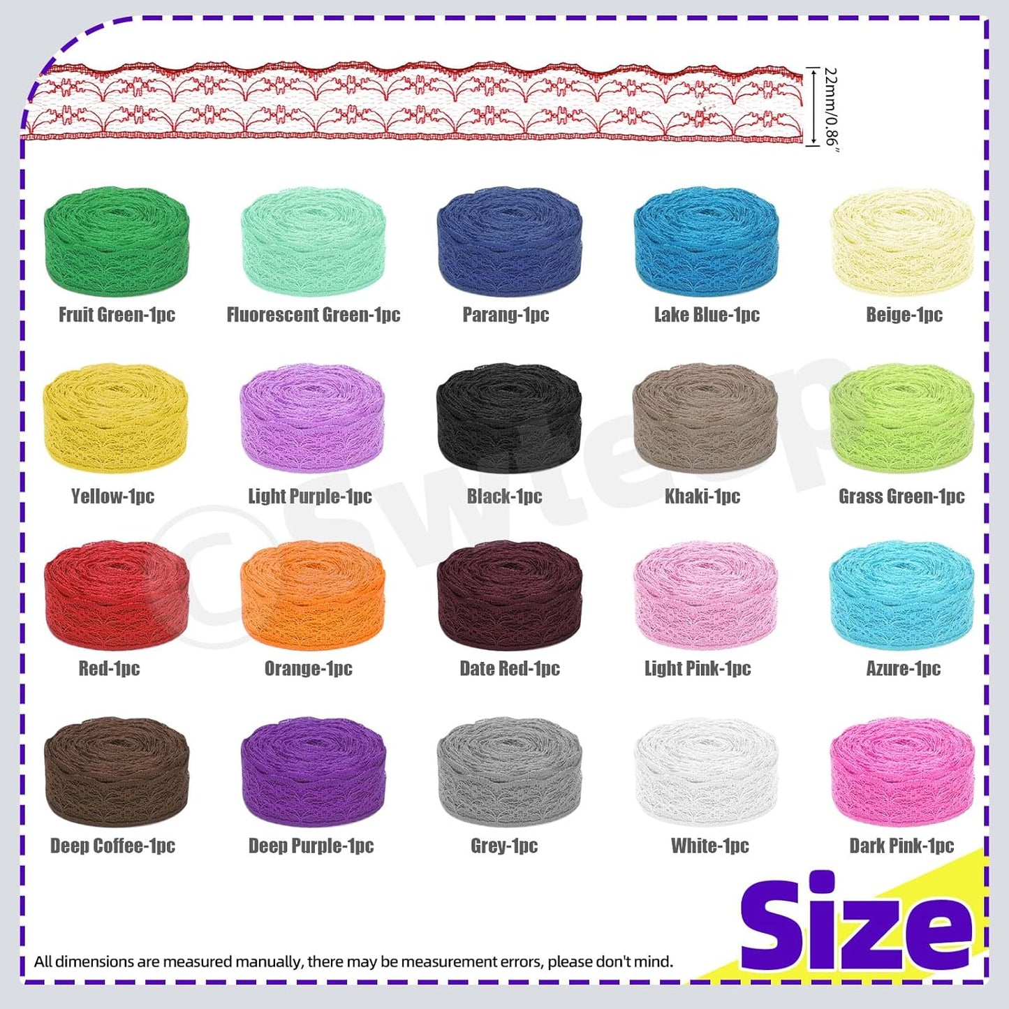 Swpeet 20 Rolls in Total 200 Yards 2.2cm×10 Yards Colorful Lace Ribbon Unilateral Floral Pattern Fabric Lace Ribbon, Lace Trim Ribbon Crafting Lace for Wedding Decorating, Sewing Gift Wrapping