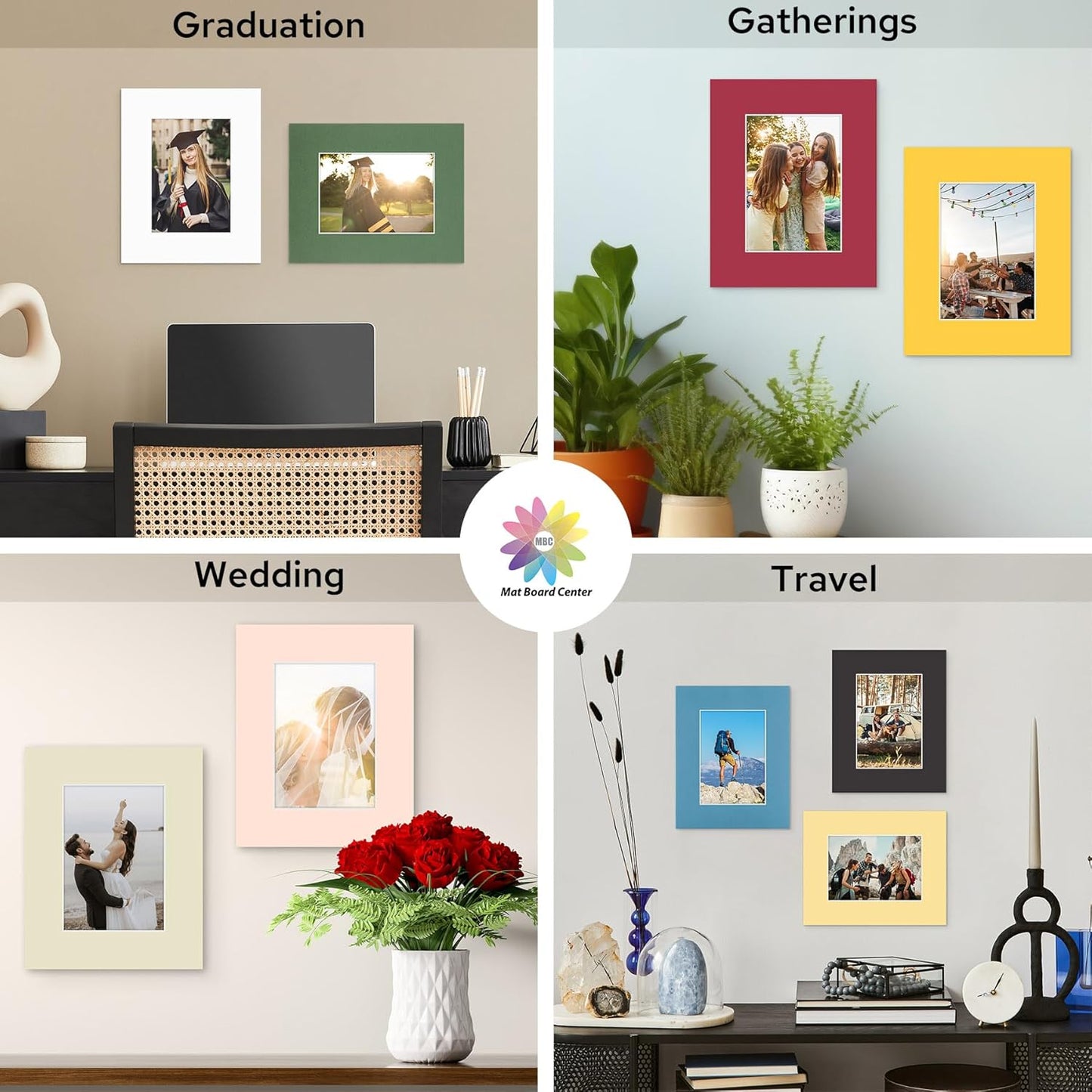 Mat Board Center, 8X10 Mix Color Mats for 5X7 Pictures - Acid Free, 4-Ply Thickness, White Core, Bevel Cut - for Artworks, Photos, Framing - Pack of 12