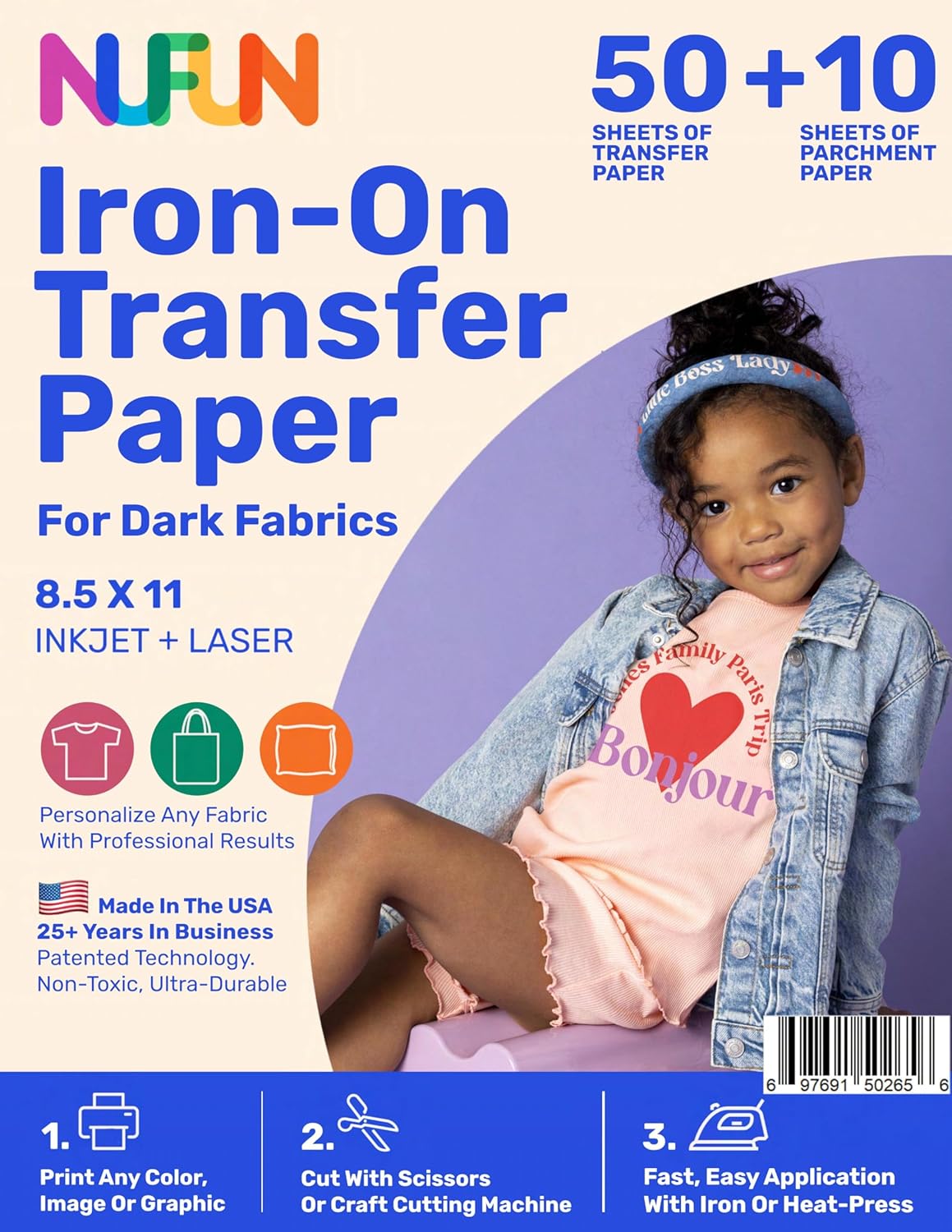 NuFun Activities Printable Iron-on Heat Transfer Paper for T Shirts, Dark Fabrics, 50 Sheets 8.5 x 11 inch, Long Lasting, Durable, Professional Quality, Easy DIY, Non-Toxic, Made in The USA