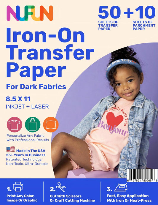 NuFun Activities Printable Iron-on Heat Transfer Paper for T Shirts, Dark Fabrics, 50 Sheets 8.5 x 11 inch, Long Lasting, Durable, Professional Quality, Easy DIY, Non-Toxic, Made in The USA