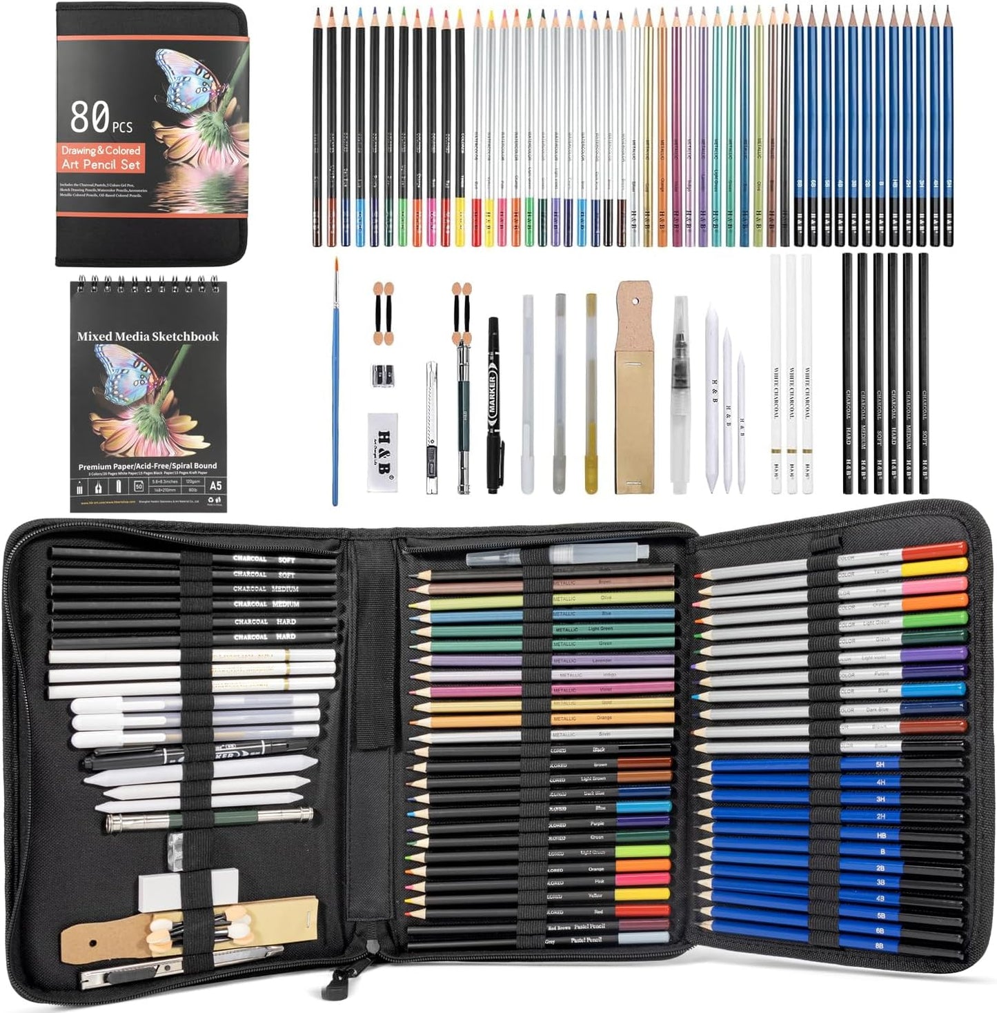 H & B 80-Pack Colored Sketching Art Pencil Set with 3-Color Sketchbook and Coloring Book - Includes Graphite, Watercolor, Metallic, and Oil-Based Colored Pencils