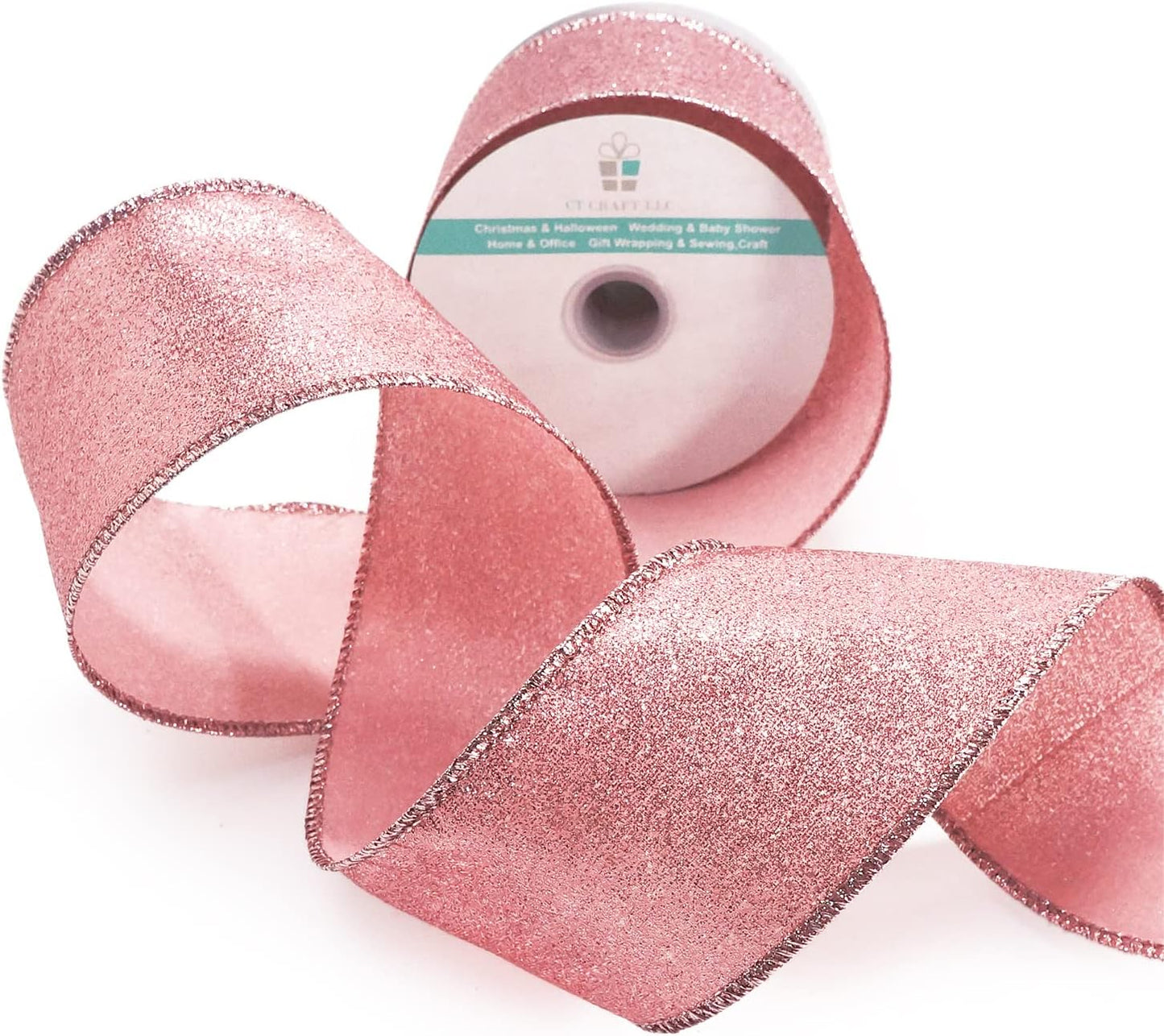 CT CRAFT LLC Glitter Wired Ribbon 2.5" x 10 Yards Rose Gold for Christmas Home Decor Bow Gift Wrapping DIY Crafts Wreath