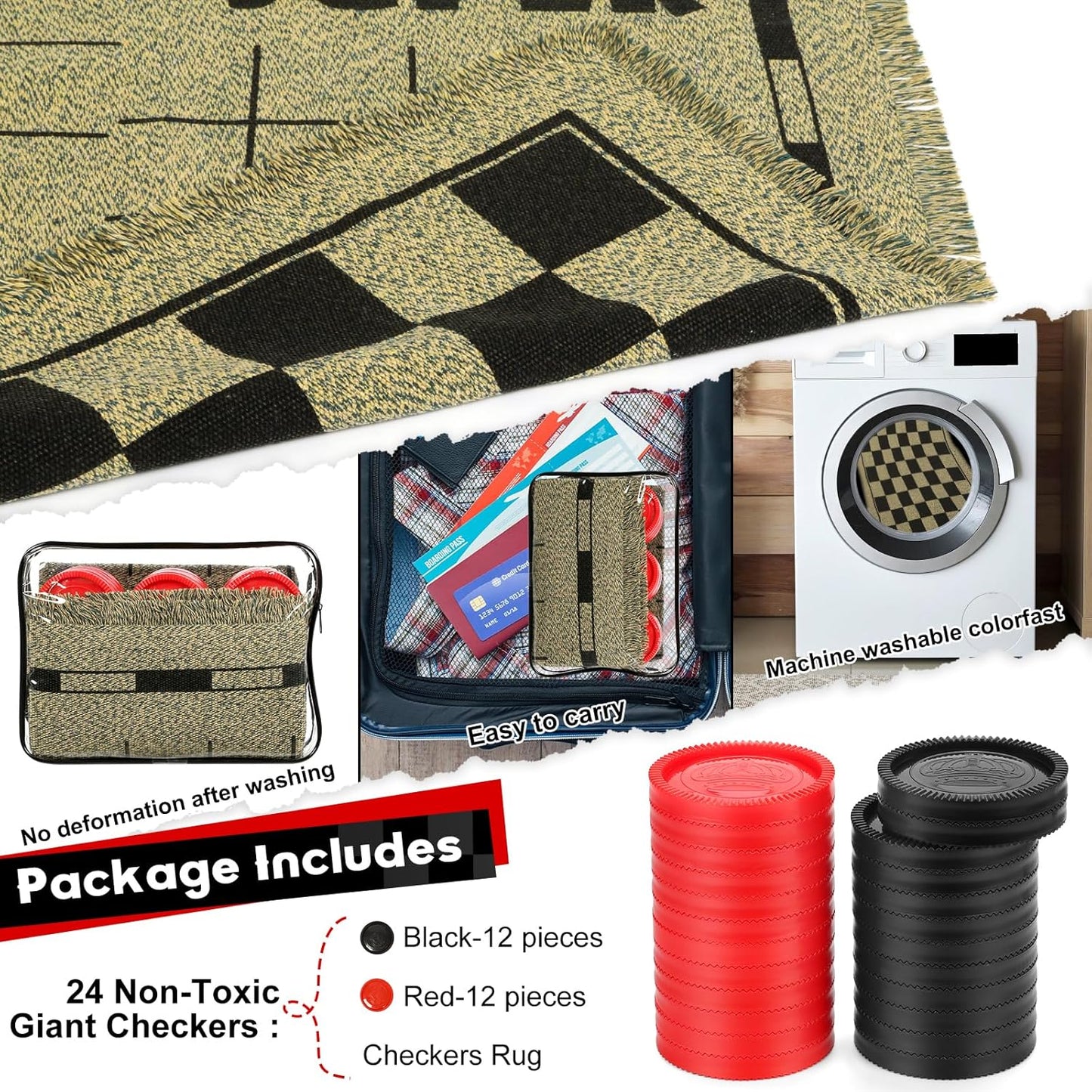 Giant Checkers Game Set - 3-in-1 Reversible Carpet for Kids & Adults - Oversized Indoor/Outdoor Mat for Family Fun & Parties