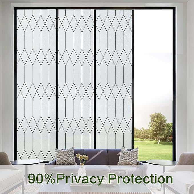 Windimiley Window Privacy Film Stained Glass Static Clings, Bathroom Frosted Leaded Decorative Window Stickers, UV Heat Blocking Opaque Removable for Home Door Coverings (35.4 x 157.5in,Pure)