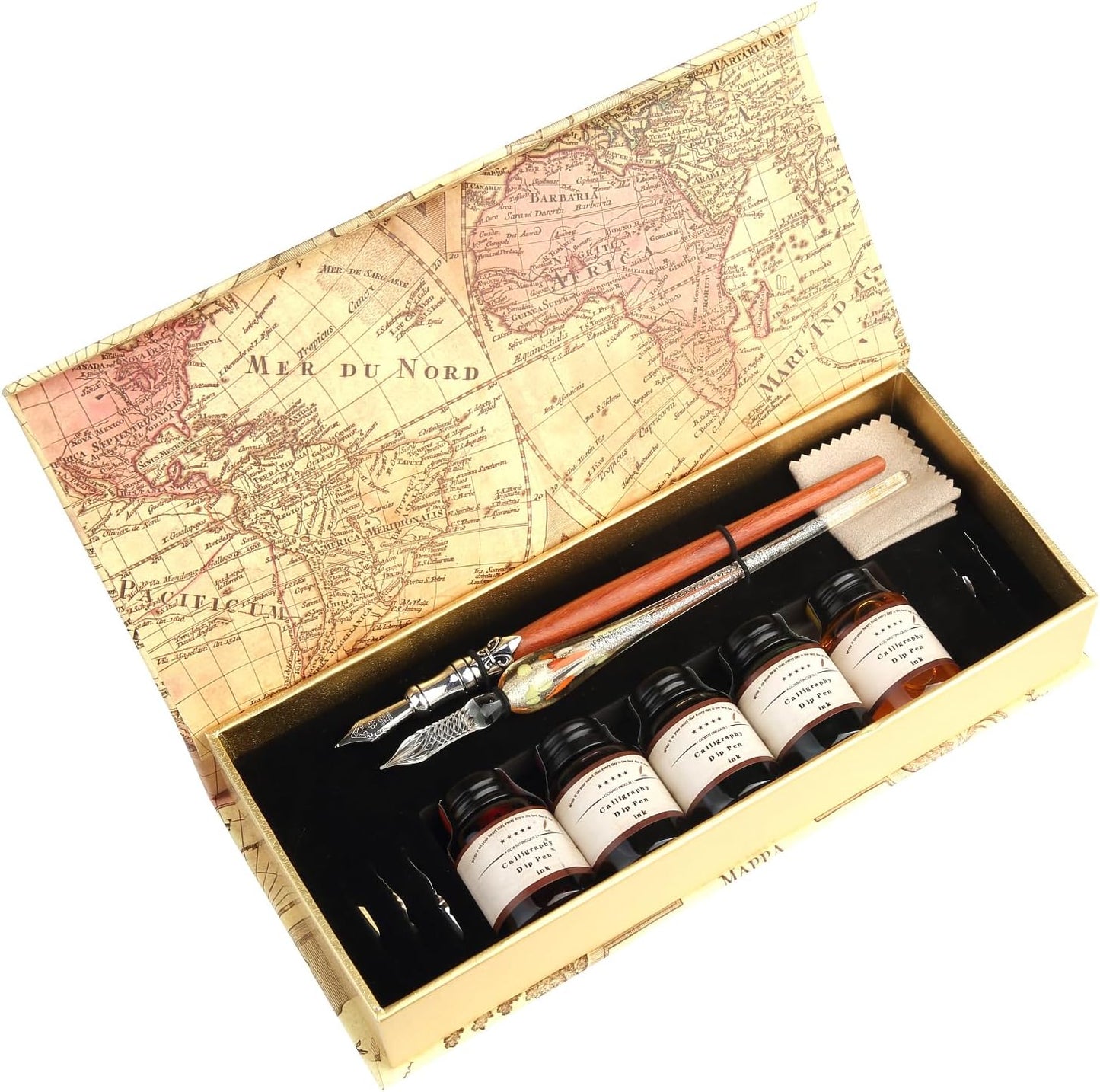 GC QUILL MU-02 Calligraphy Pen Set, Glass Dip Pen and Handcrafted Wooden Dip Pen Gift Set with 5 Colors Calligraphy Ink 6 Nibs, Calligraphy Set for Beginners