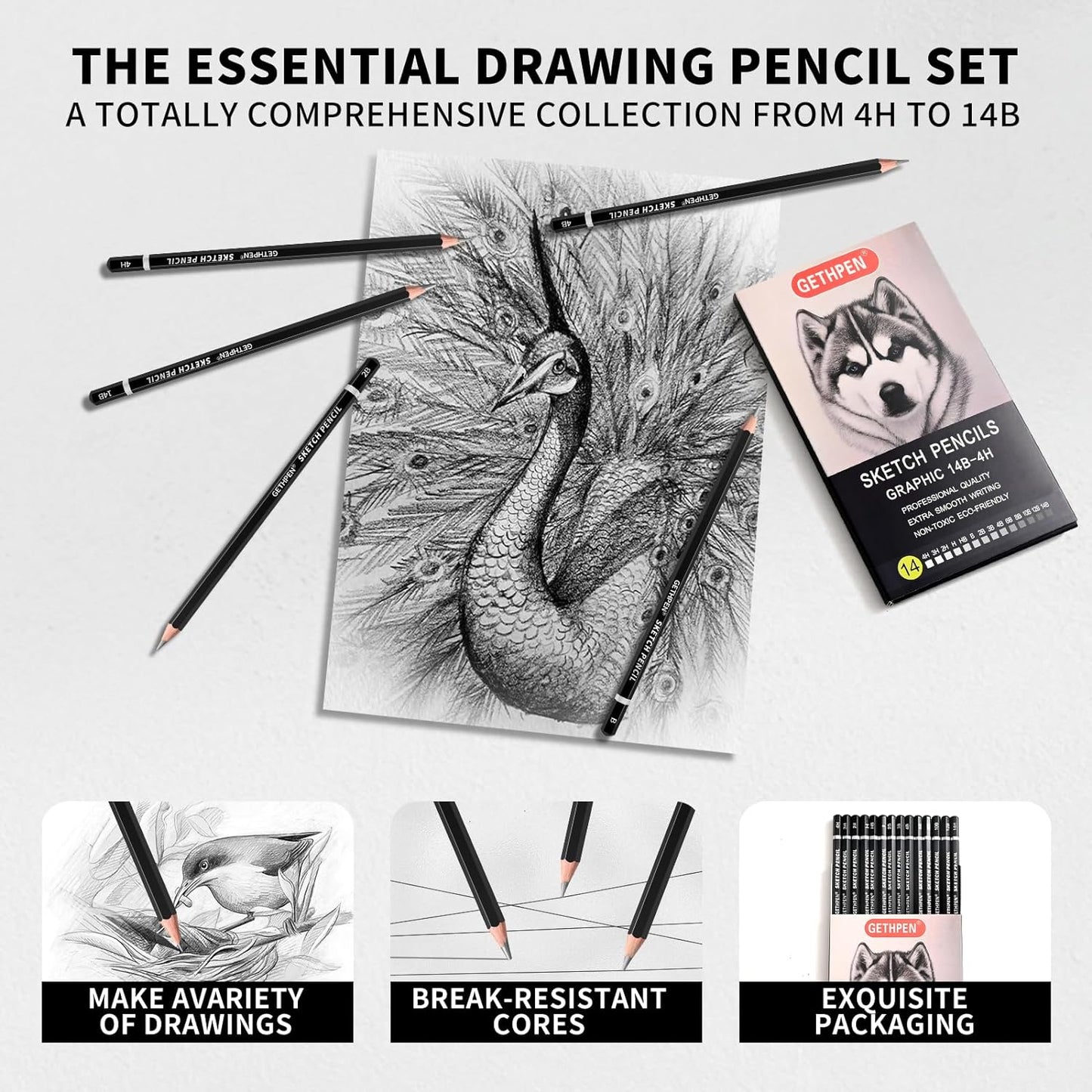 Professional Drawing Sketching Pencil Set - 14 Pieces Graphite Pencils(14B - 4H), Ideal for Drawing Art, Sketching, Shading, Artist Pencils for Beginners & Pro Artists