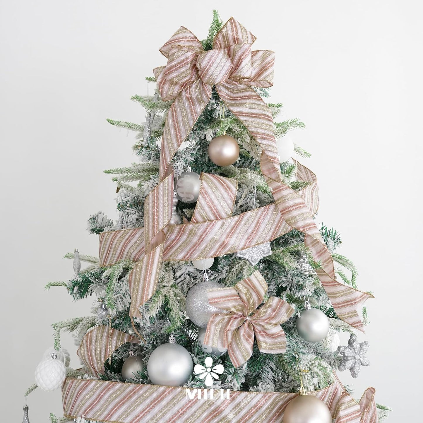 MEEDEE Pink Diagonal Striped Ribbon 2.5 Inch Blue Satin with Rose Gold and Champagne Glitter Wired Ribbon for Christmas Tree, Garlands, Wreaths, Topper Bow (10 Yards)