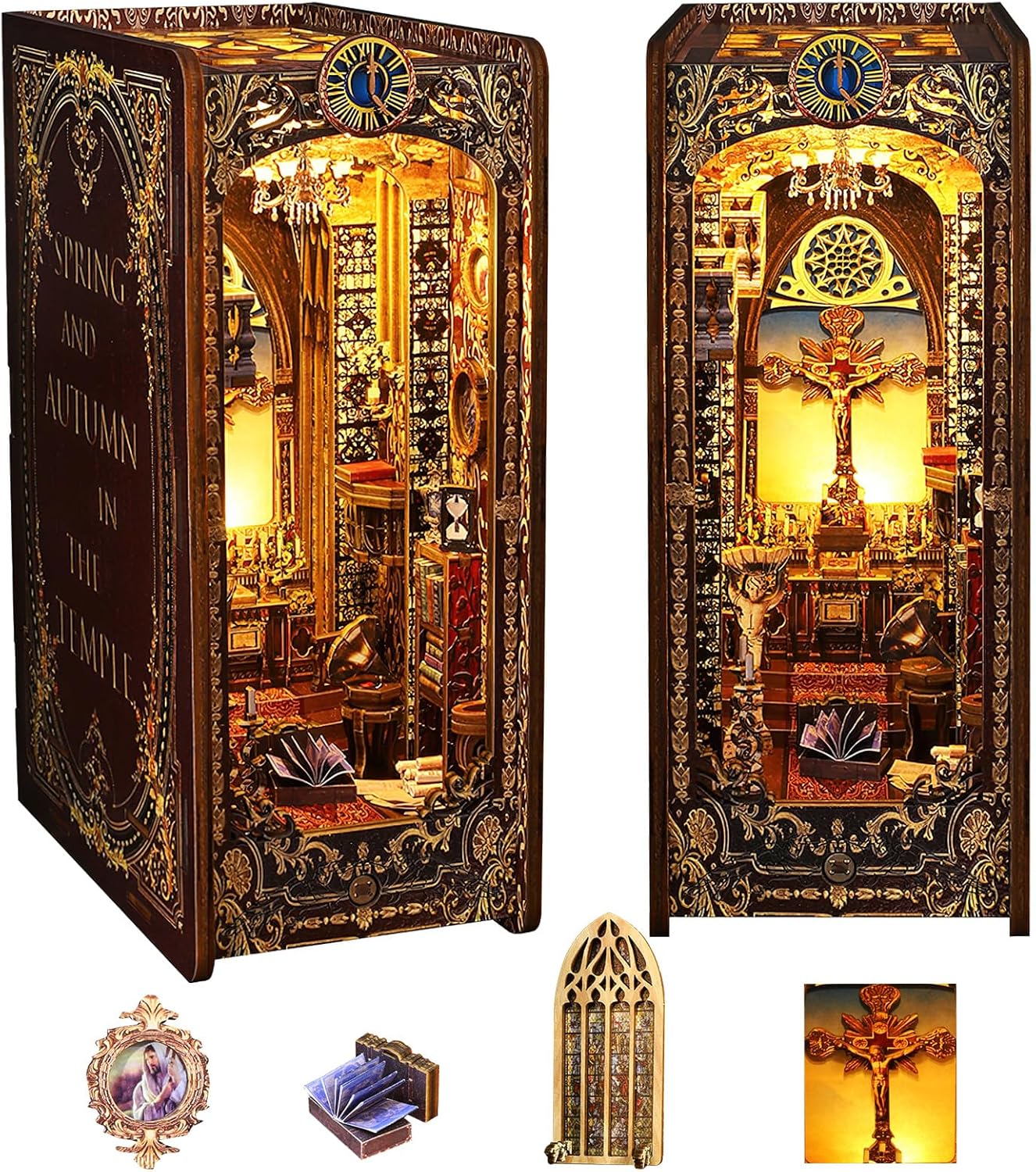Spobot Book Nook Kit DIY Bookshelf Decor Kit with LED Light 3D Booknook Wooden Puzzle Bookend Stand Miniature Dollhouse Kit Gifts for Adults (Covenant Church)