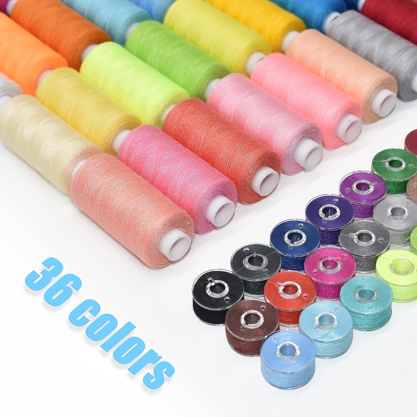 72Pcs 36 Colors Sewing Thread Set with Matching Prewound Bobbin Threads and Case, 550 Yards per Polyester Thread, Popular Colors for Hand & Machine Sewing