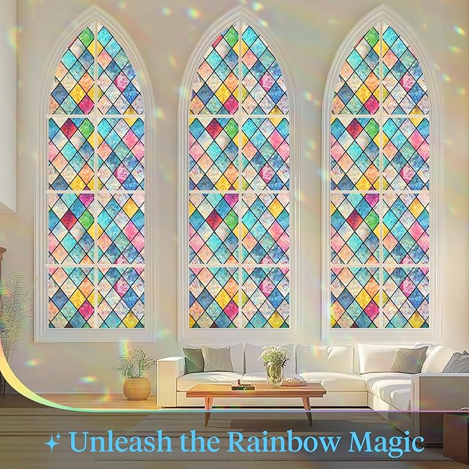 Haton Stained Glass Window Film, Rainbow Window Privacy Film, Decorative Sun Blocking Glass Clings Stickers, Static Cling Colorful Lattice Coverings Decals for Home Door 23.6" x 157.4"