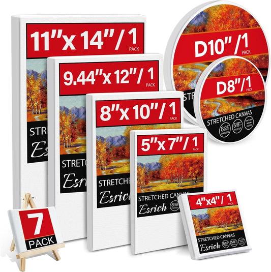 7 Pack Stretched Canvases for Painting, Multi Size 11x14, 9.44x12, 8x10, 5x7, 4x4, Round Canvas with 8x8, 10x10, Primed Blank Canvas for Oil, Acrylic Paint, Beginner, Artist