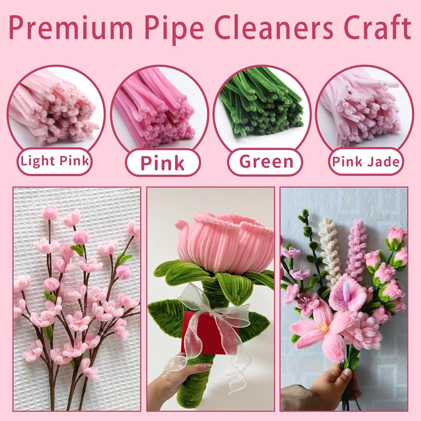 600 Pcs Pink Pipe Cleaners Craft for Flowers,Multiple Assorted Colors Pipe Cleaners Bulk, Chenille Stems for DlY Flower Making Kit.Pink Pipe Cleaners Craft Set(Pink)