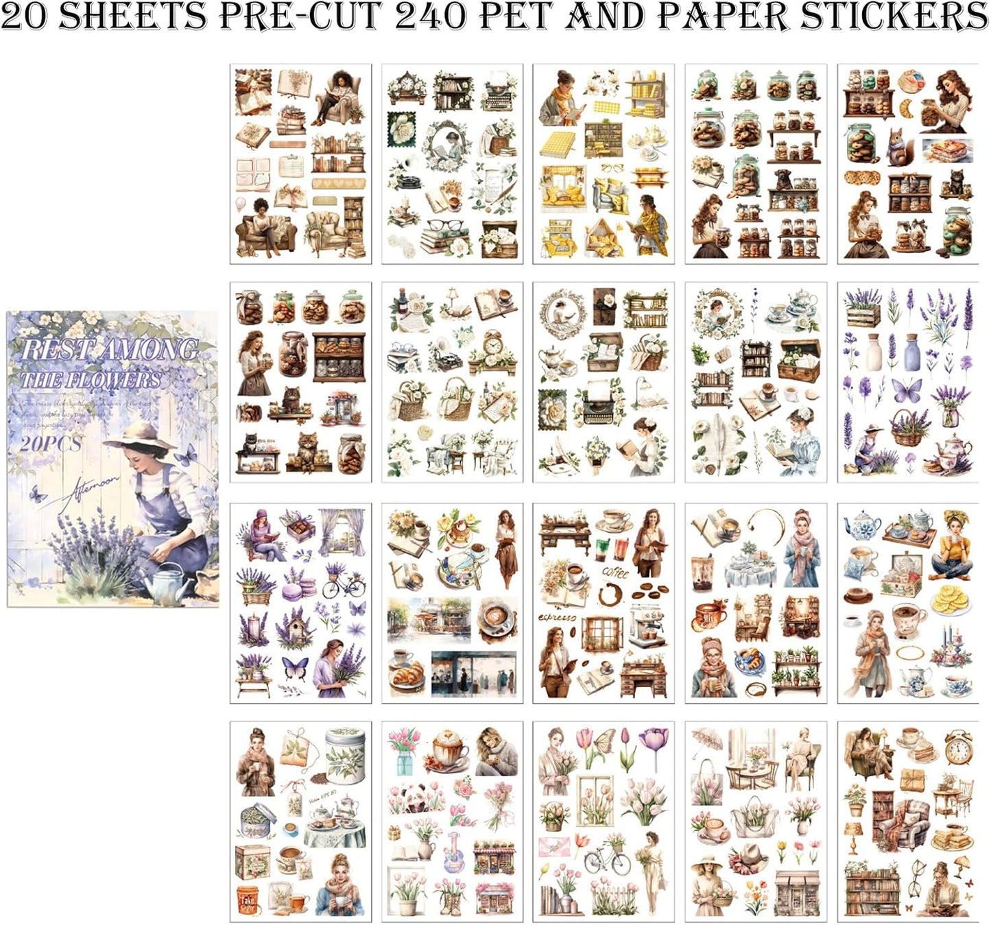 Scrapbook Reading Stickers 20 Sheets 240 Pre-Cut Washi Stickers for Journaling PET Transparent Book Sticker Decorative or DIY Paper Crafts, Arts and Crafting Projects