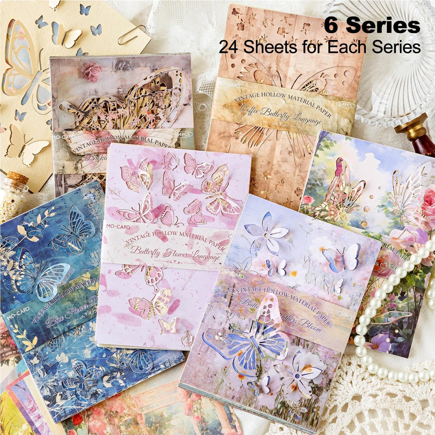 Vintage Butterfly-Themed Scrapbook Paper Set, 144 PCS Including Hollow-Out and Decorative Paper for Junk Journaling, Scrapbooking, DIY Crafts, and Art Supplies