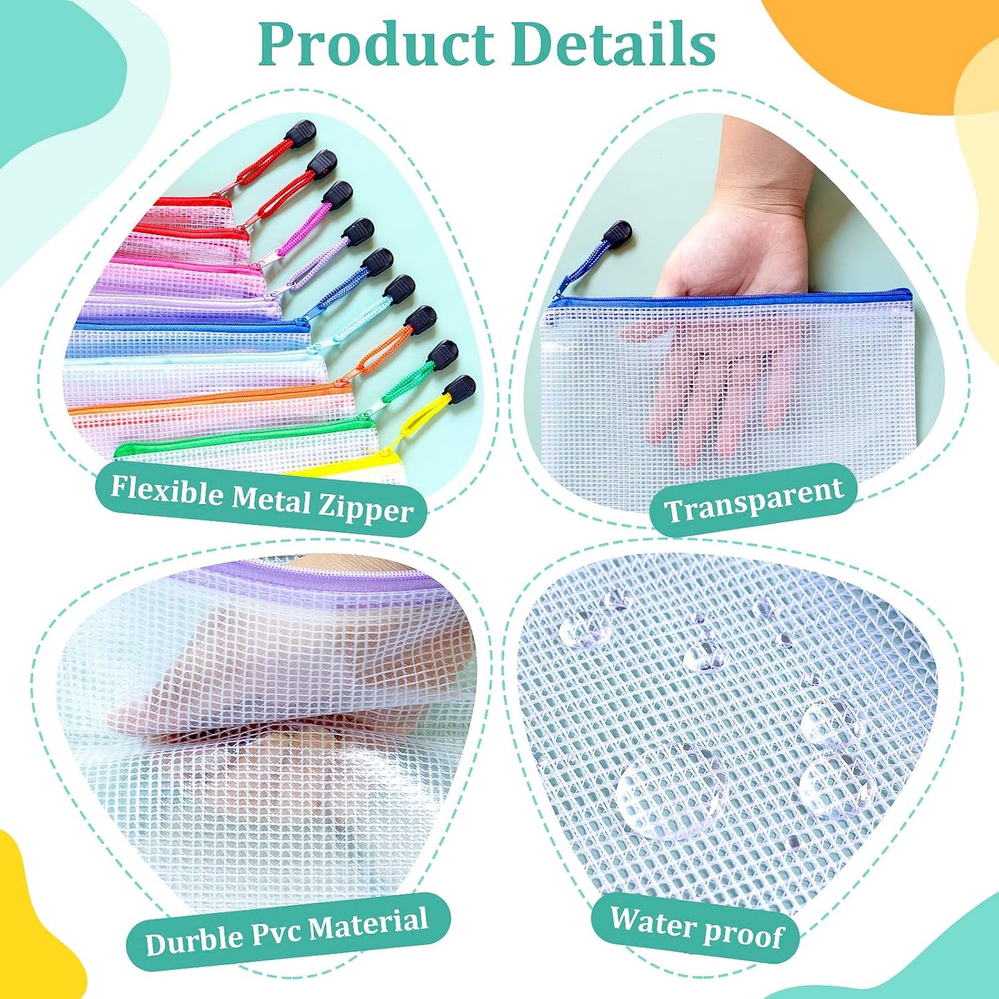 24pcs Mesh Zipper Pouch Bags, A5 9.4x7.1 Inches, 8 Colors, Organizing Pouches for Classroom, Home, Office & Puzzle Storage