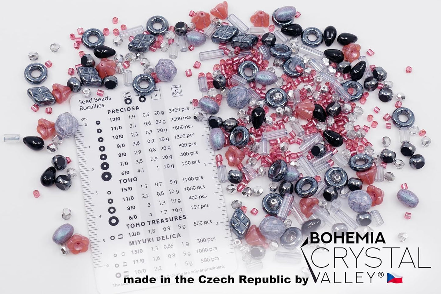 2.1oz (60 g) Mix of Unique Czech Bohemia Glass Pressed Beads, Matte and Glossy, Hand Made, Pink Gray Black Hematite