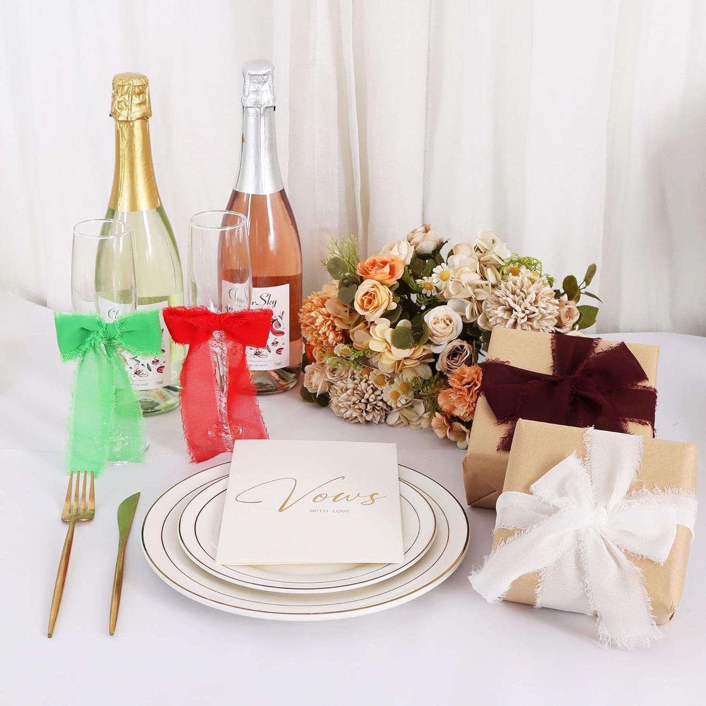 TONIFUL 4 Rolls Silk Chiffon Ribbon 1-1/2 Inch x 22 Yards, Bright Red and Green Handmade Fringe Silk Ribbon Set for Gift Wrapping Flowral Bouquets Crafts Christmas Wreath Elf-Themed Party Decoration